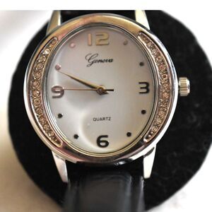Geneva Snazzy Silver Tone Rhinestone Accent Black Band New Battery Watch